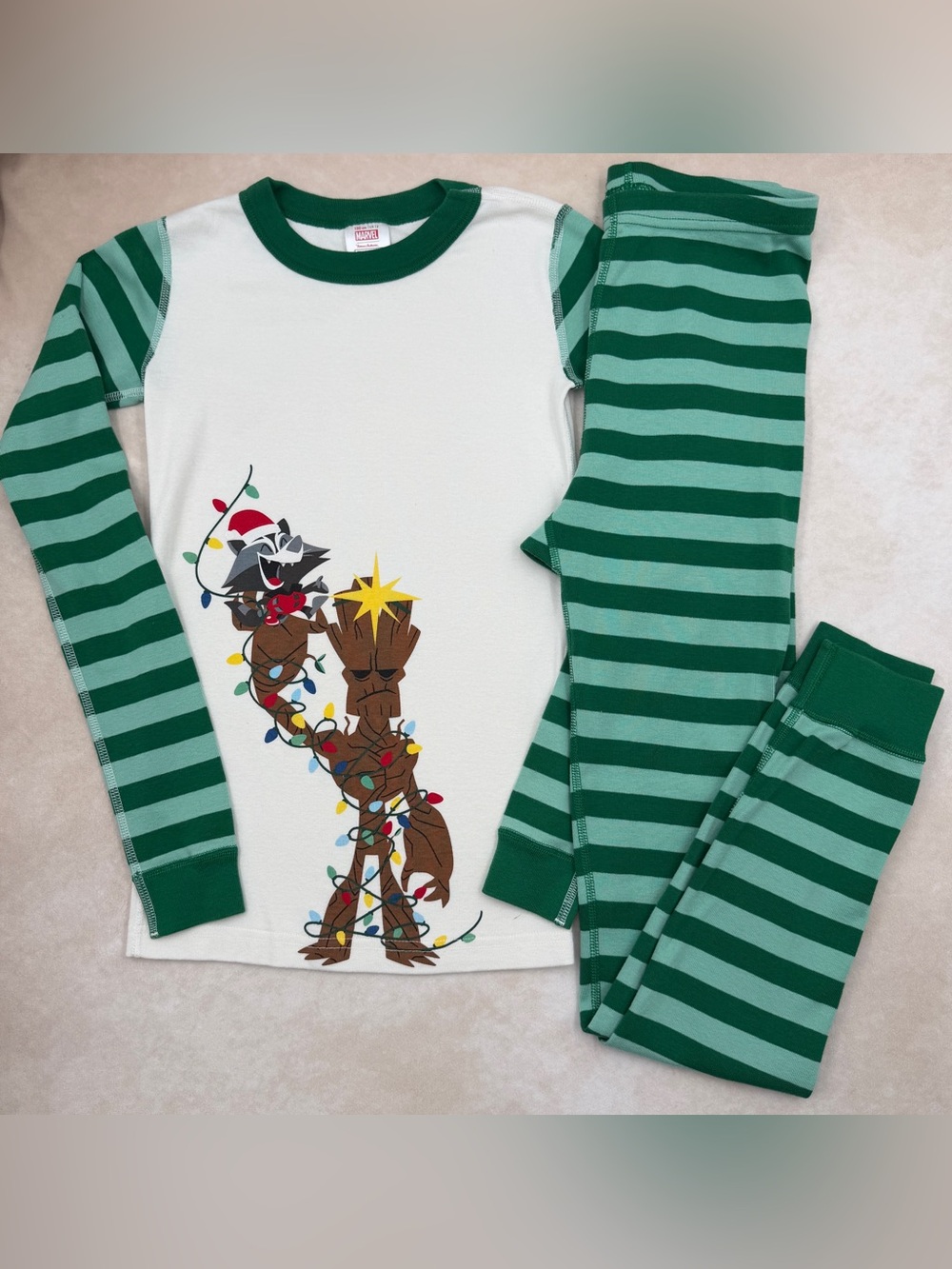 Hanna Andersson White & Green Groot and Rocket Holiday Pajama Set